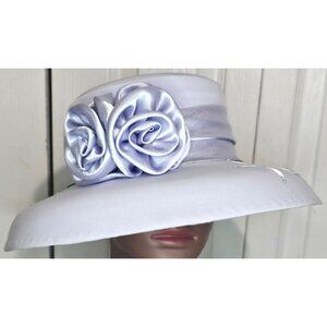 Nubiano Church Hat Lavender Violet Satin Ribbon Flower Wide Brim Derby Formal